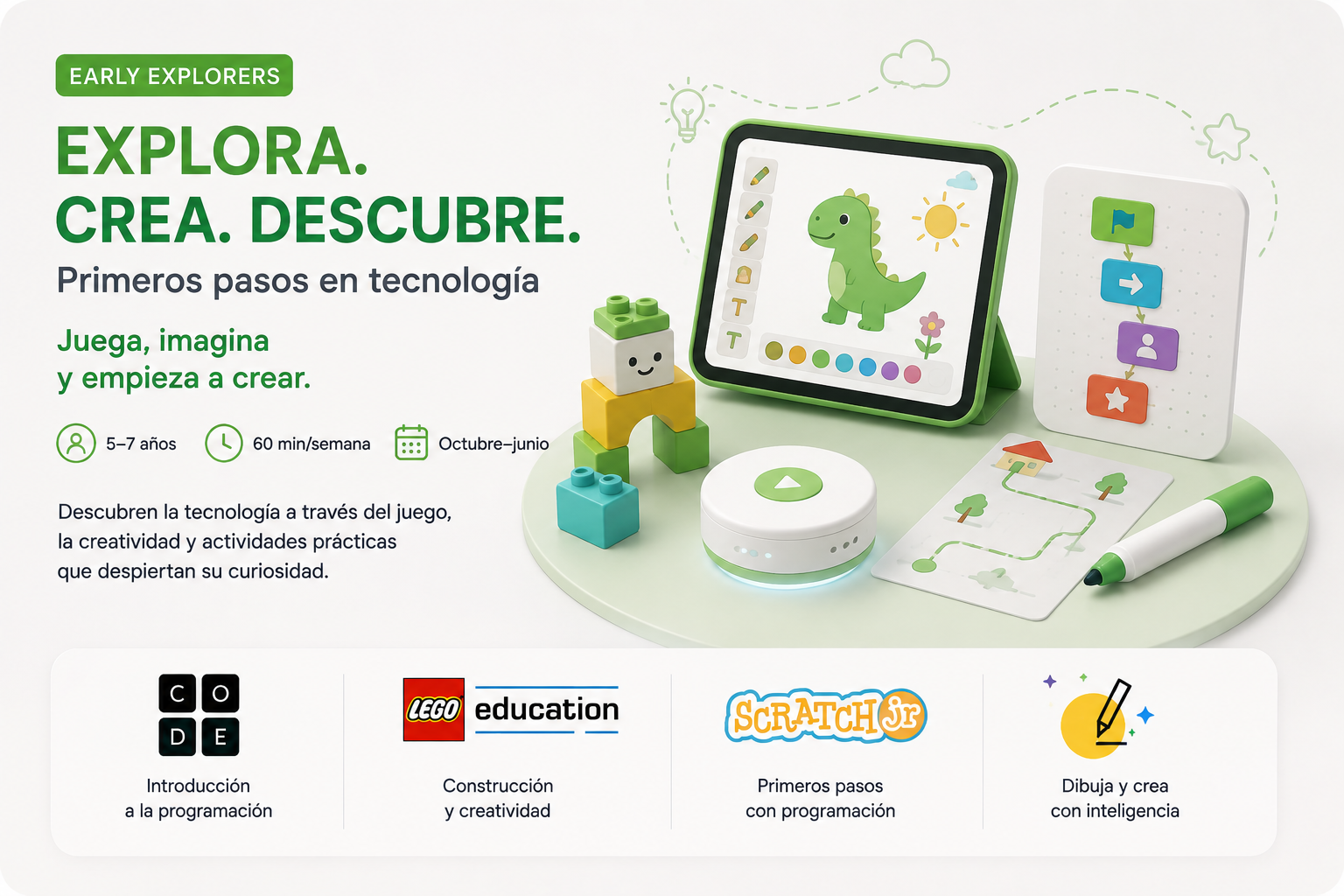 Personajes de Early Explorers: dinosaurio, tablet y robot de suelo