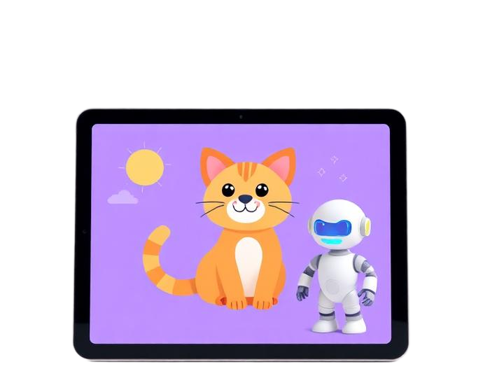 Tablet con creación digital y pequeño asistente de IA