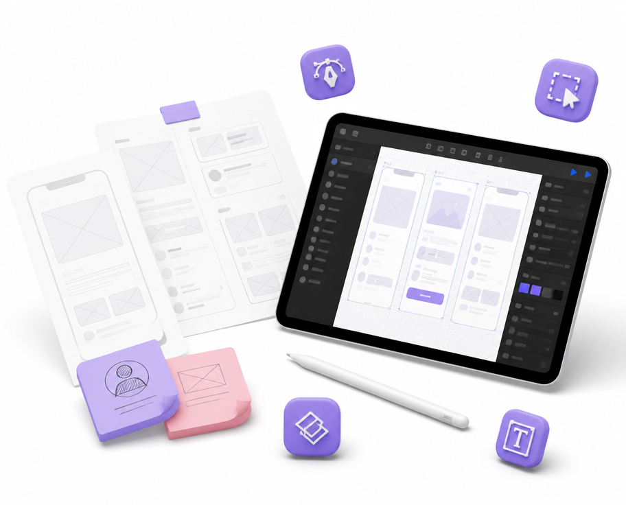 Wireframes y tablet con un lienzo de diseño de interfaces tipo Figma