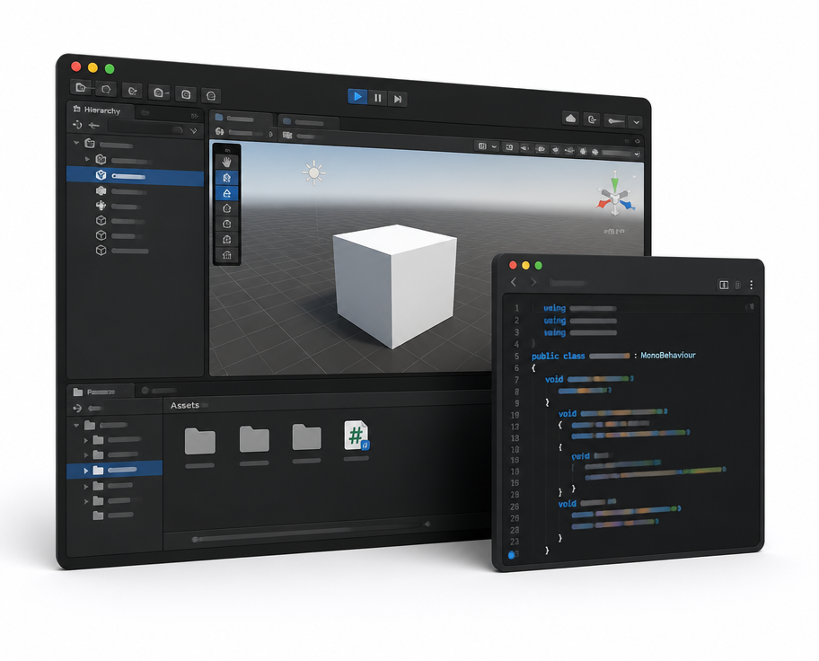 Editor 3D tipo Unity con un cubo en escena junto a un panel de código C#