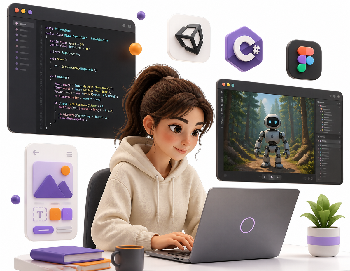 Joven creadora programando en su portátil rodeada de paneles con código C#, una escena 3D de videojuego y los iconos de Unity, C# y Figma