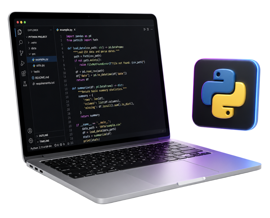 Portátil con un editor de código mostrando Python junto al logotipo 3D de Python