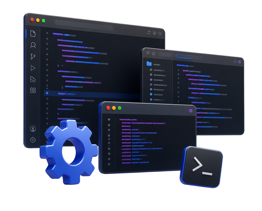 Ventanas de editor de código y terminal flotando con un engranaje azul