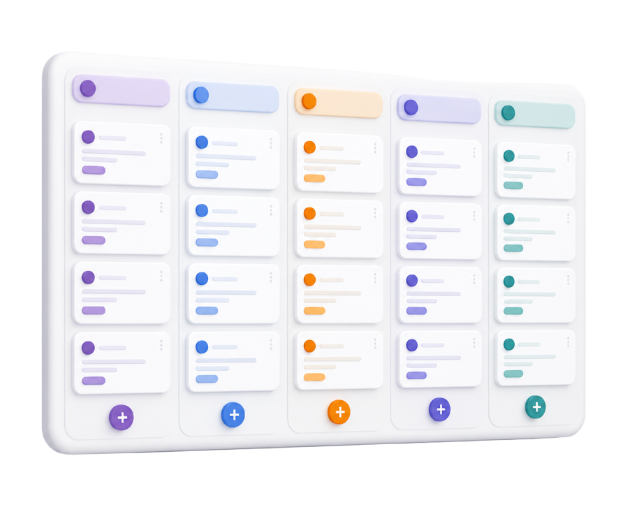 Tablero Kanban 3D con columnas de tareas de un equipo de desarrollo