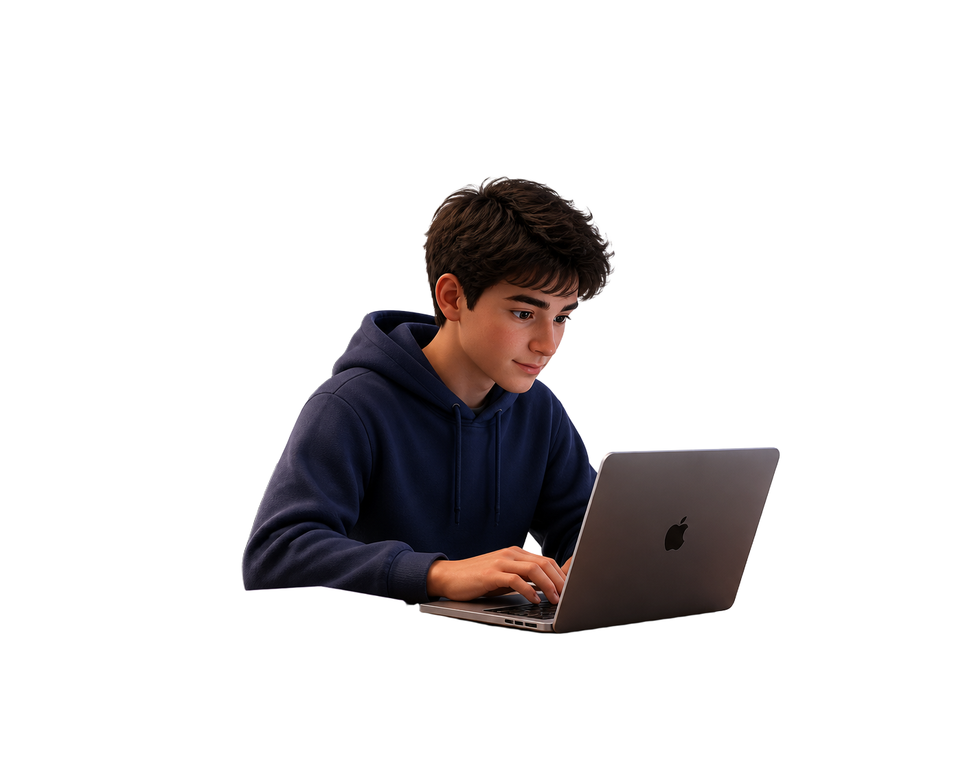 Joven programando en un portátil rodeado de paneles con código Python, Git, GitHub, Copilot y un backlog ágil
