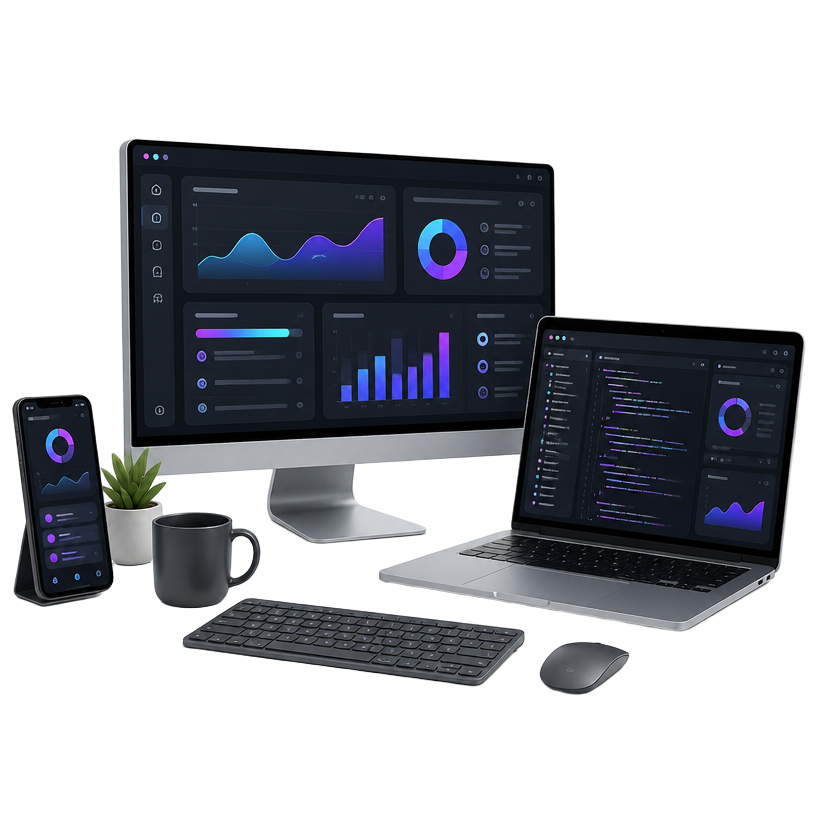 Estación de trabajo con monitor, portátil y móvil mostrando código y paneles