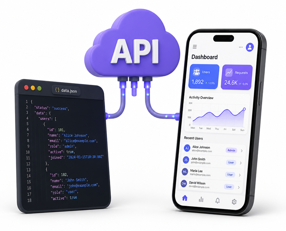 Nube con la etiqueta API conectada a datos JSON y a un panel de datos en un móvil