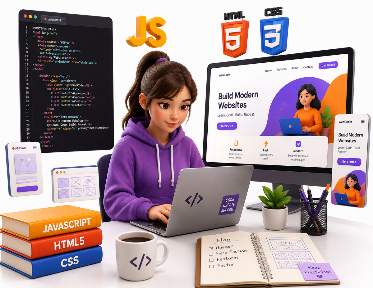 Estudiante programando una web moderna con paneles de código HTML, logotipos de JavaScript, HTML5 y CSS y un monitor con un proyecto web