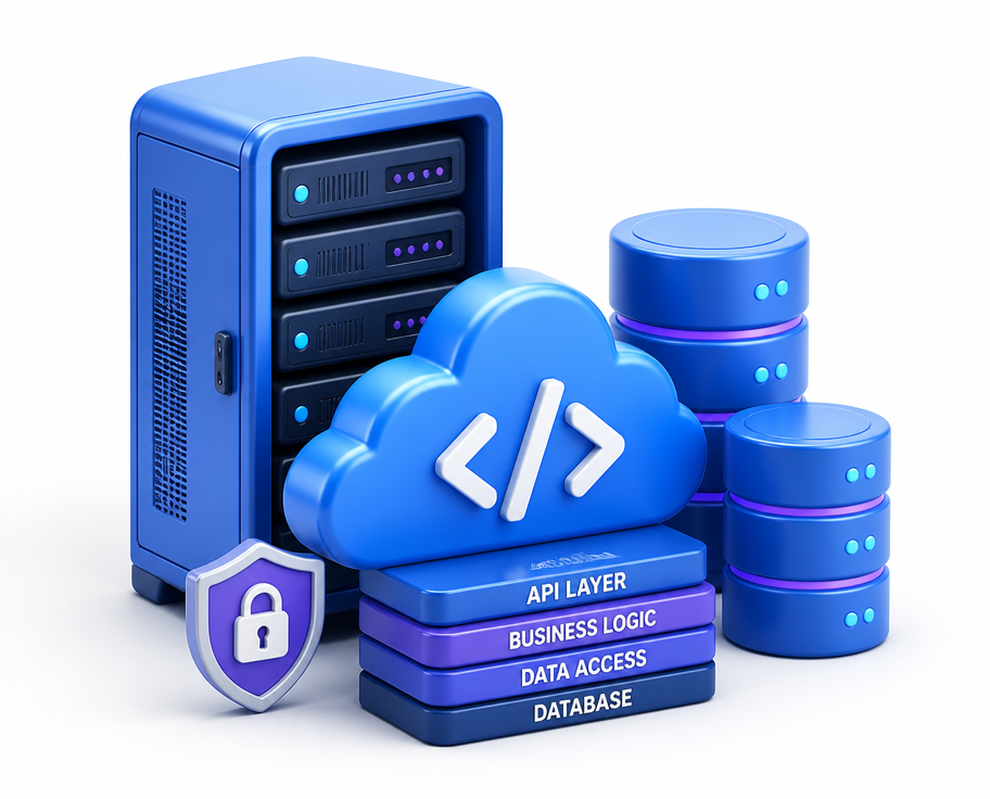 Servidor, nube con símbolo de código y bases de datos representando el desarrollo full stack