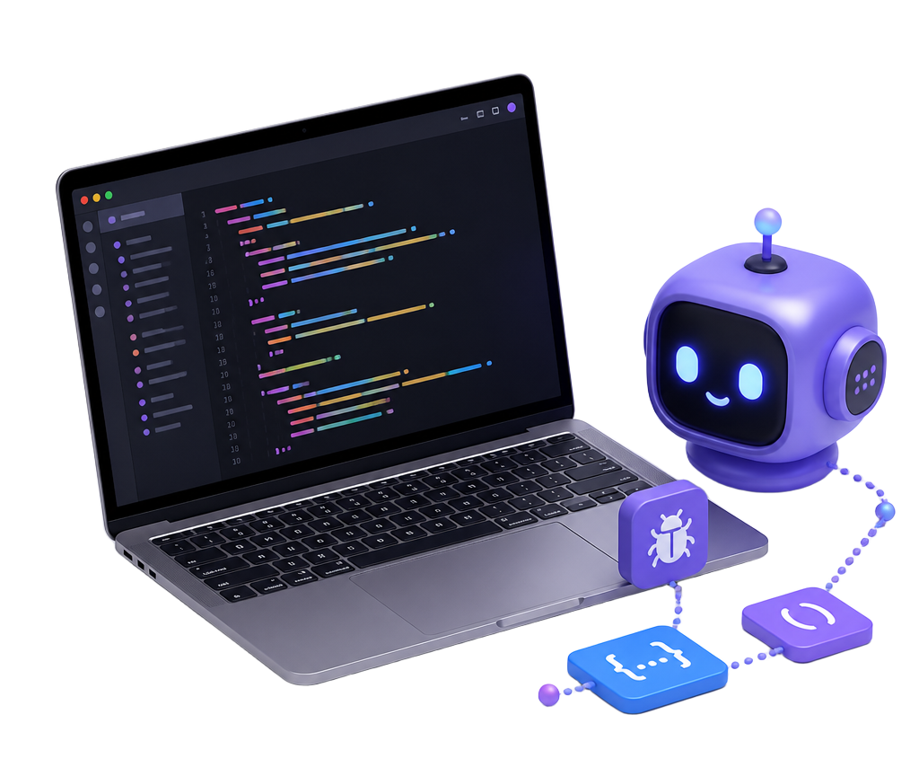 Portátil con editor de código junto a un asistente de IA 3D y fichas de funciones y depuración