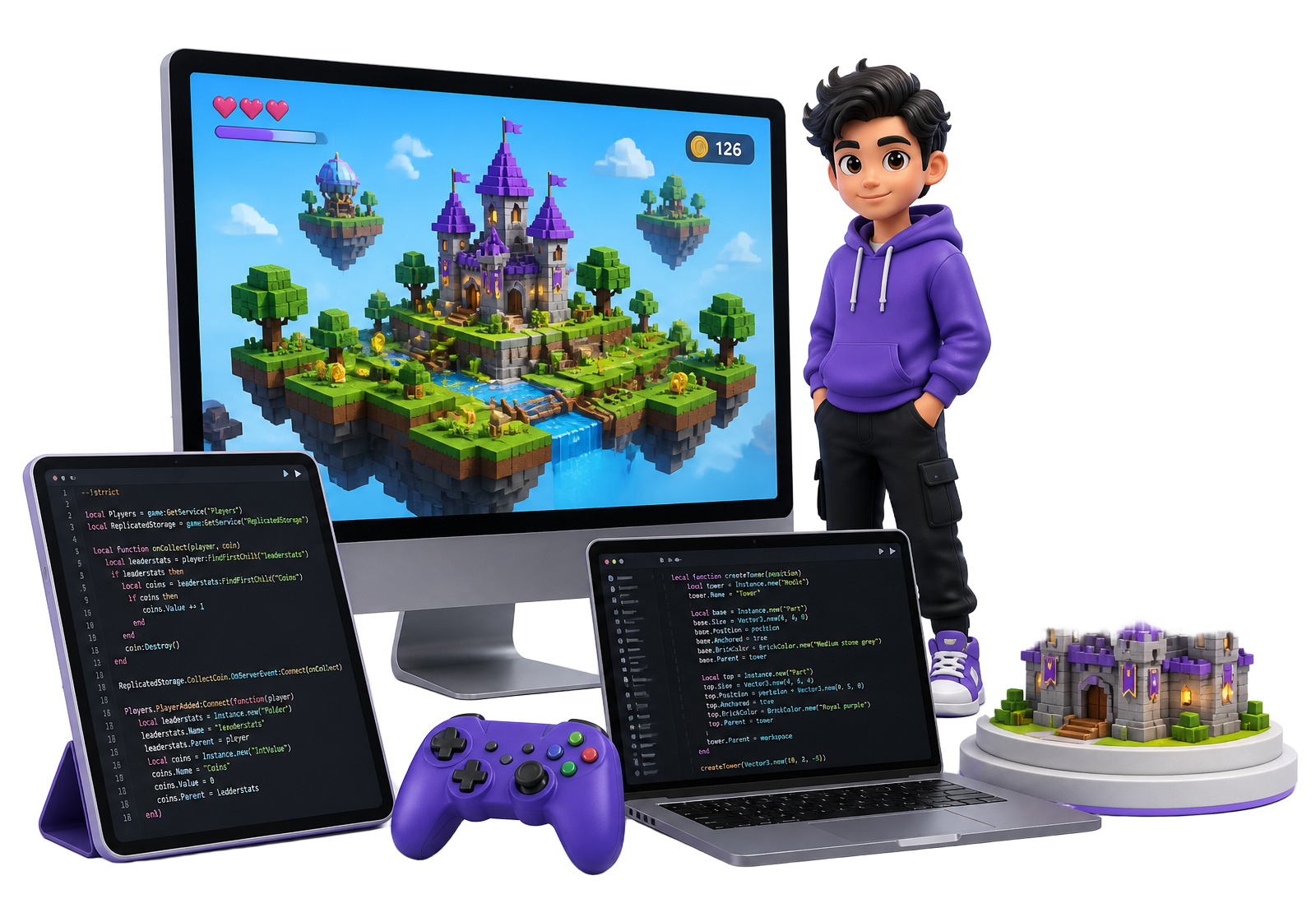 Escena de creación de videojuegos con monitor mostrando un mundo 3D de bloques, avatar 3D, tablet con código Lua, portátil, mando y castillo modelado