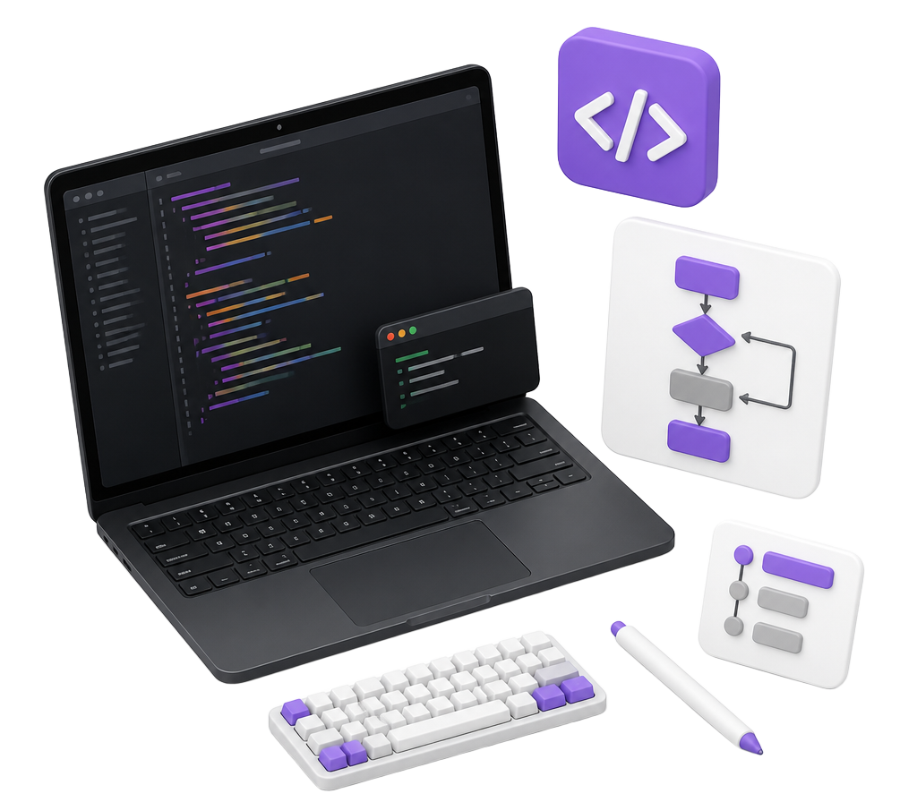Portátil con código Python, panel de diagrama de flujo y teclado compacto