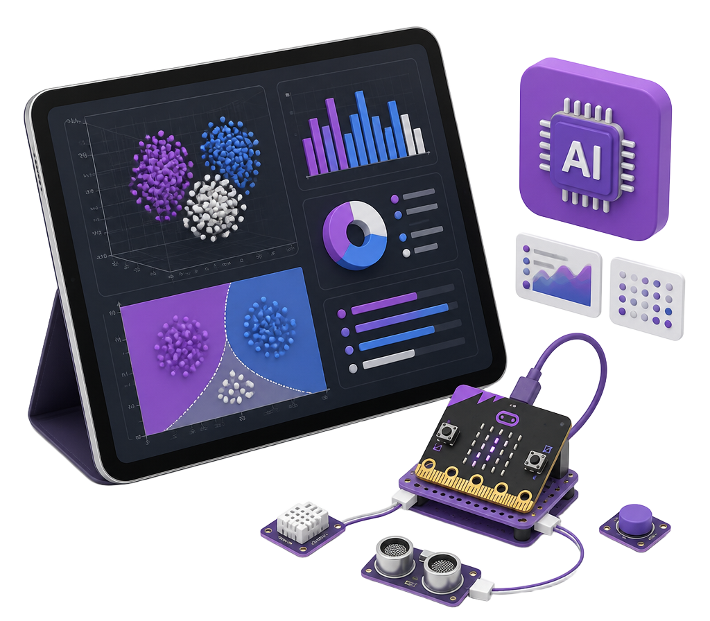 Tablet con gráficas de machine learning junto a una placa micro:bit con sensores