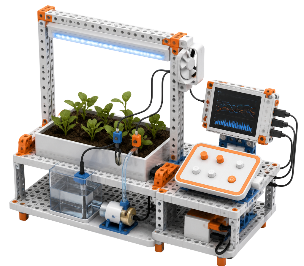 Prototipo de invernadero inteligente con sensores, bomba de agua, pantalla de datos y panel de control