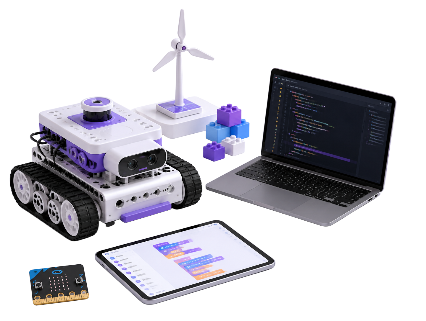 Laboratorio de ingeniería con robot educativo, portátil con Python, tablet de programación, placa micro:bit y piezas de construcción