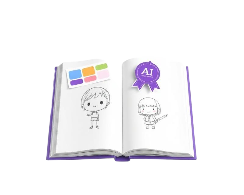 Cuaderno con bocetos de personajes, lápices de color y una insignia de IA