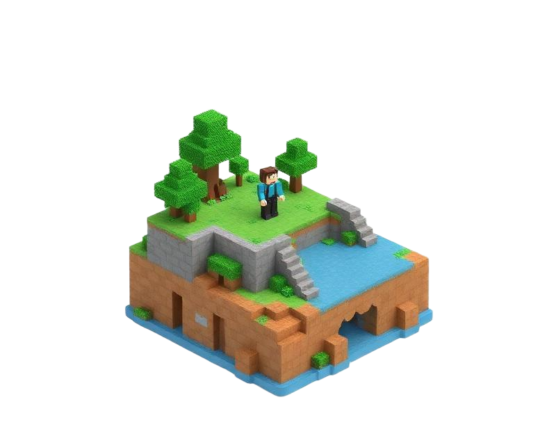 Isla de bloques estilo Minecraft con ruinas, árboles y un personaje