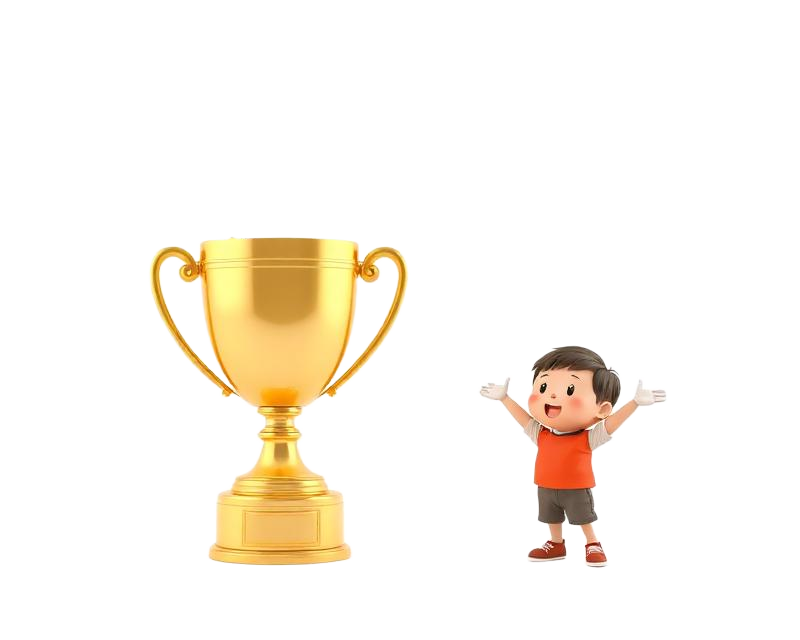 Trofeo dorado con confeti junto a un personaje celebrando