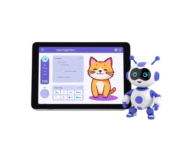 Tablet con programación visual junto a un pequeño robot de IA